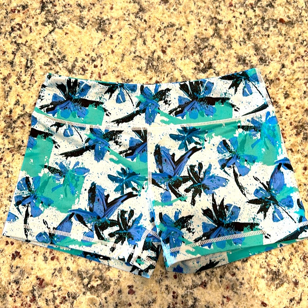Fleo Women's Athletic Shorts in Teal, Blue, White Palm Print